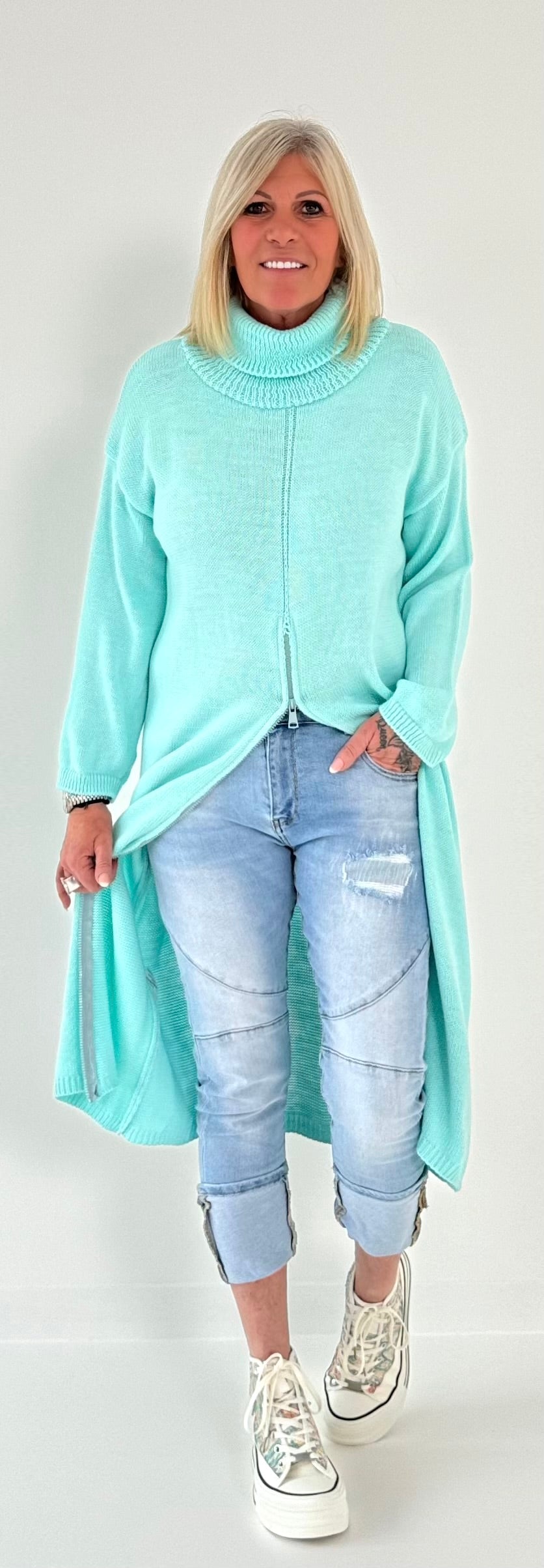 Long Pullover mit Reißverschluss Modell "Xenia" - babytürkis