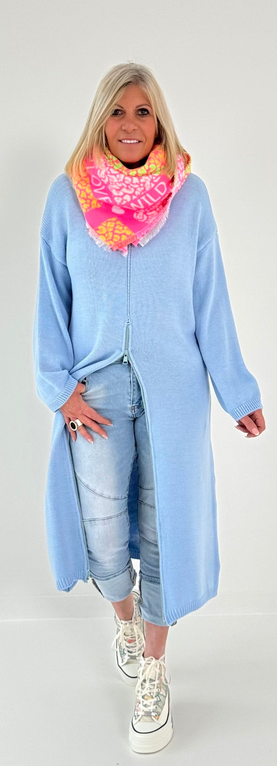 Long Pullover mit Reißverschluss Modell "Xenia" - hellblau