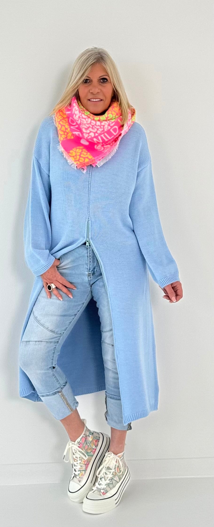 Long Pullover mit Reißverschluss Modell "Xenia" - hellblau