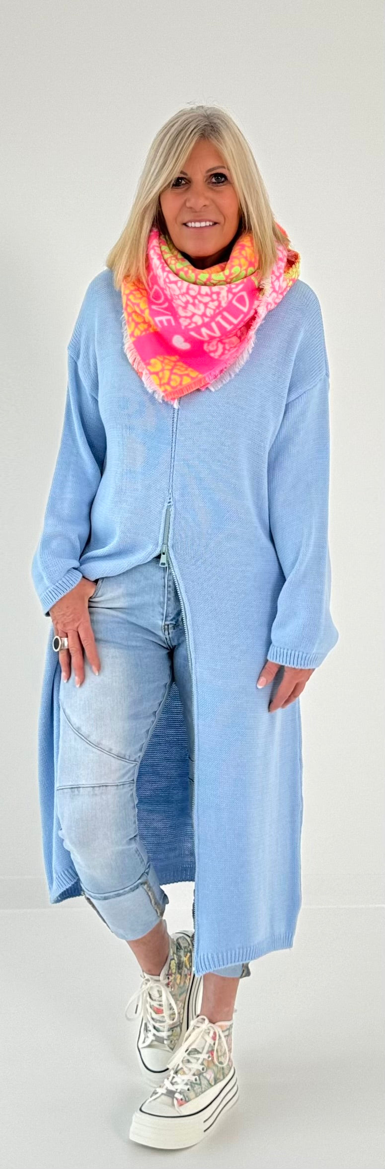 Long Pullover mit Reißverschluss Modell "Xenia" - hellblau