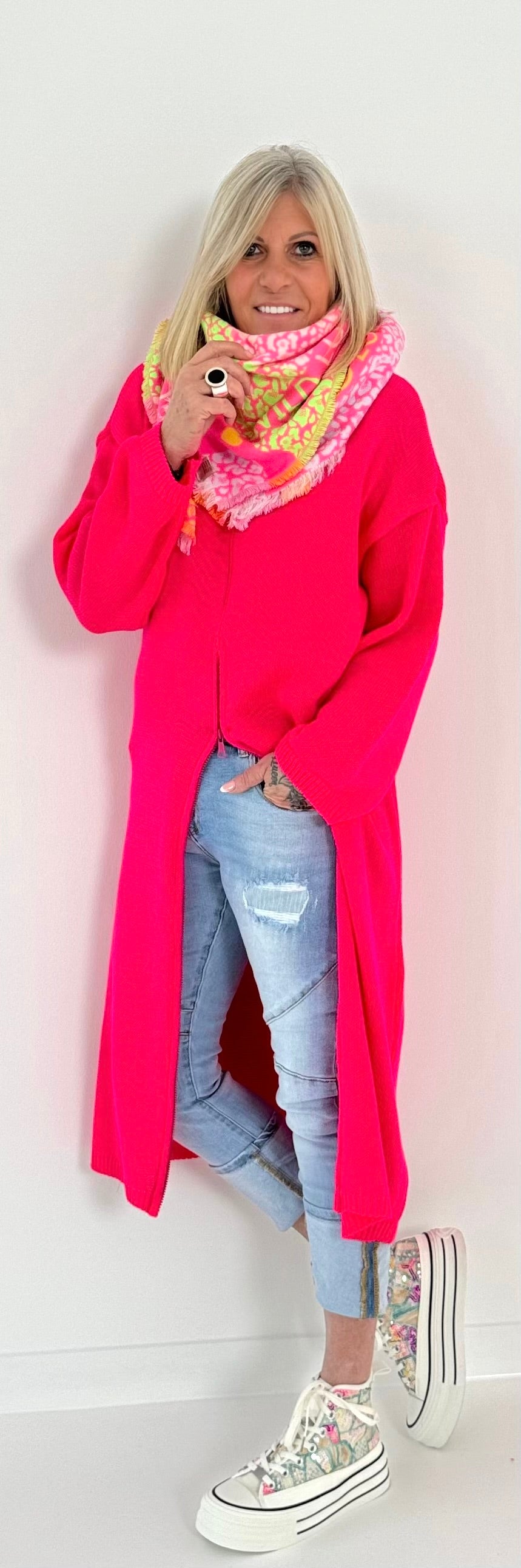 Long Pullover mit Reißverschluss Modell "Xenia" - neon-pink