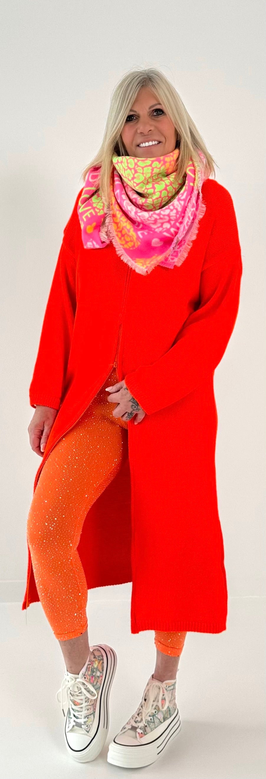 Long Pullover mit Reißverschluss Modell "Xenia" - neon-orange