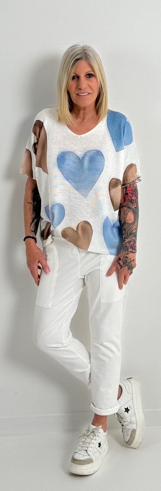 Strick Shirt mit halben Arm Modell "Heart" - weiss-blau-taupe