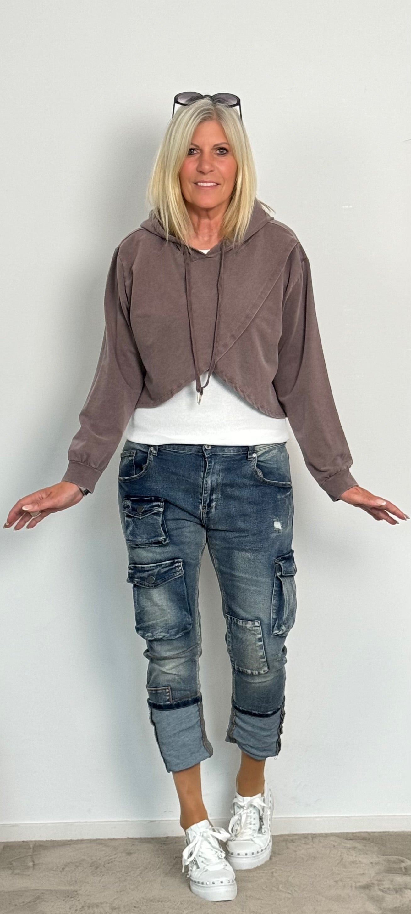 Crop stone washed Hoodie "Lara" - schoko