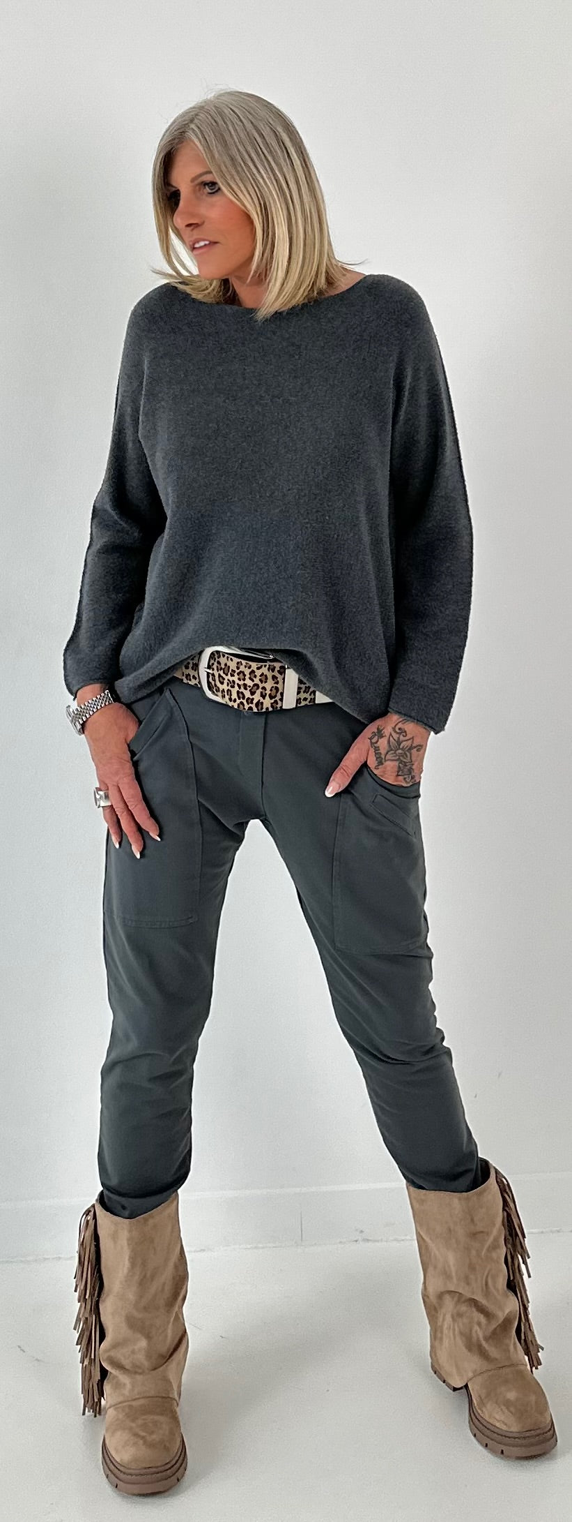 Stretch riem model "Blair" - beige-leo-zilver