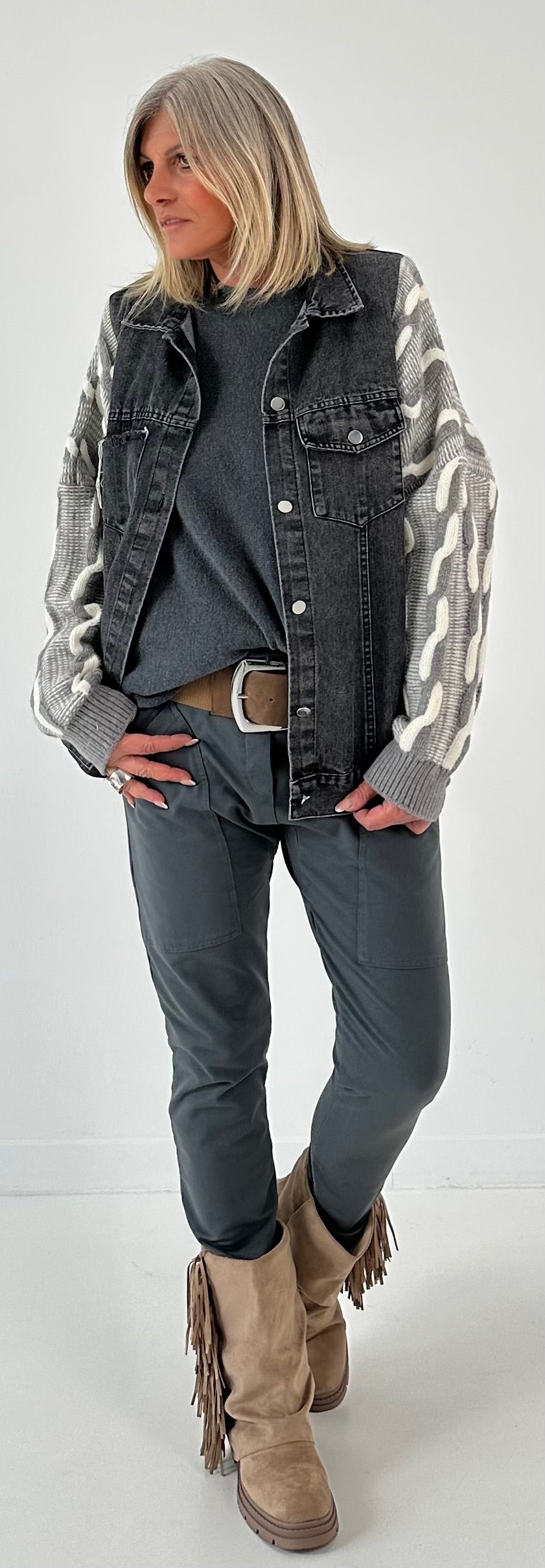 Oversized denim jack met gebreide inzetstukken, model "Ash Grey" - grijs-denim