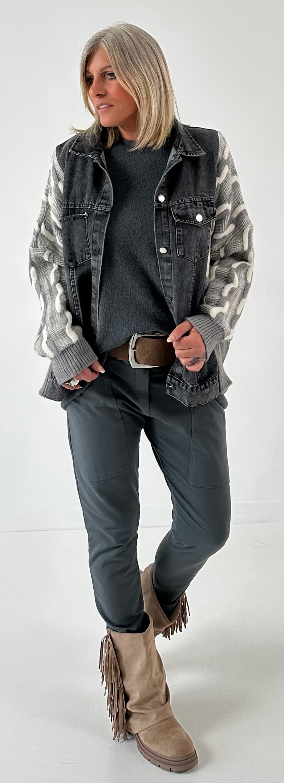 Oversized denim jack met gebreide inzetstukken, model "Ash Grey" - grijs-denim