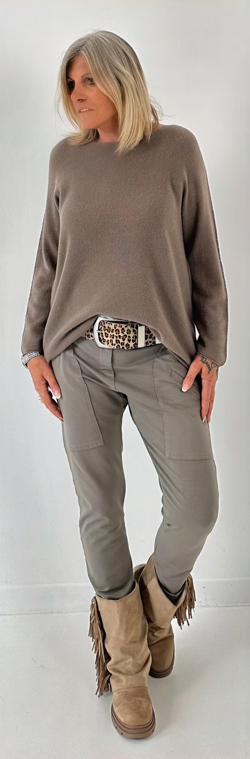 Stretch riem model "Blair" - beige-leo-zilver