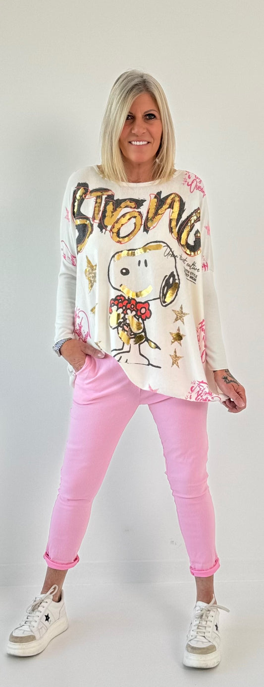 Oversized fine knit sweater model "Strong" - white-pink-multicolored