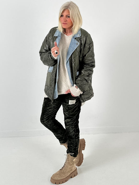 Quilted jacket with denim insert "Stay" - olive denim