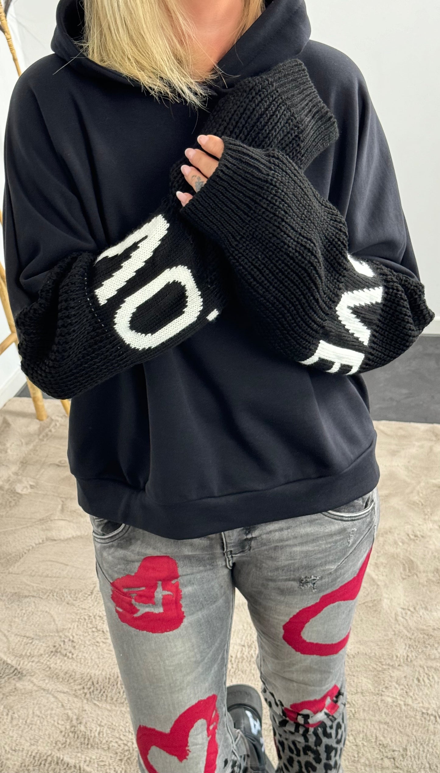 Hoodie with knitted sleeves "Love" - ​​black