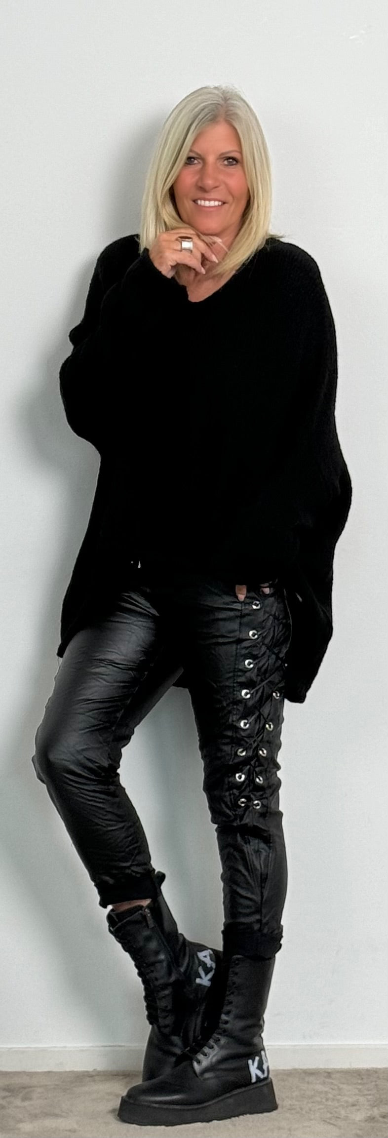 Imitation leather trousers with side lacing "Rebel" - black