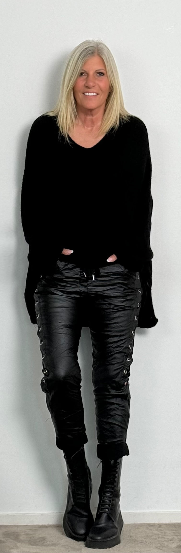 Imitation leather trousers with side lacing "Rebel" - black