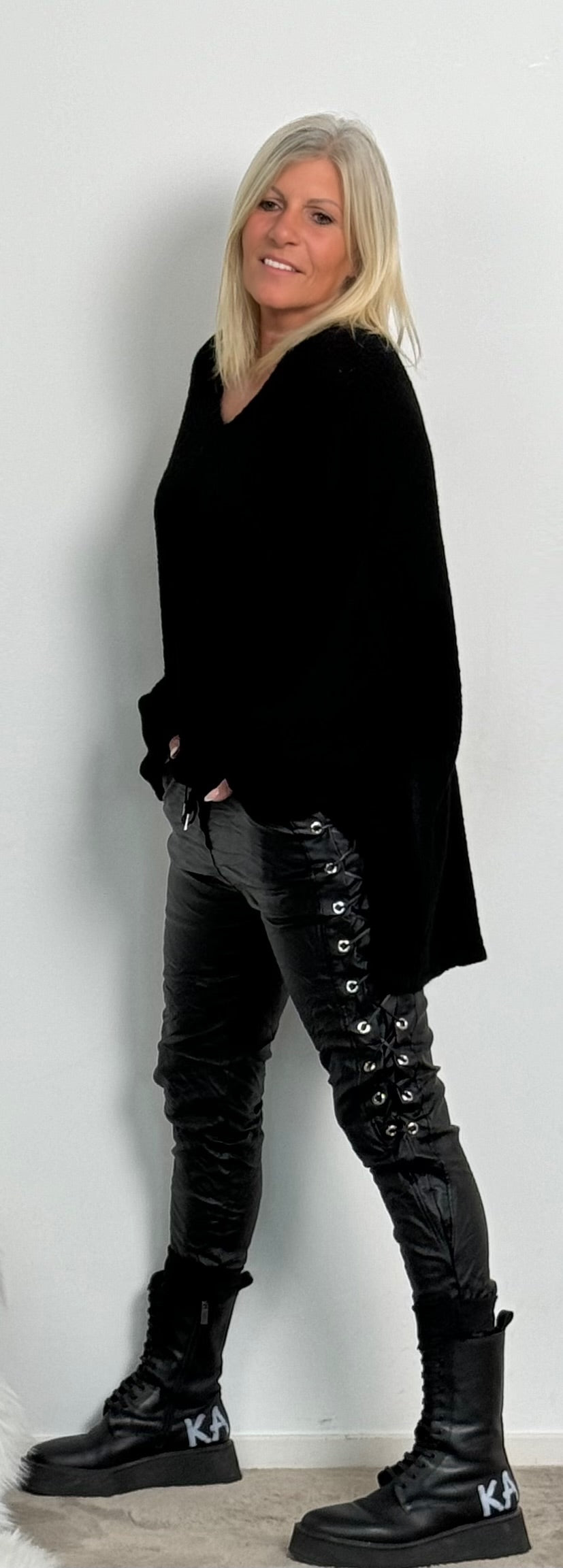 Imitation leather trousers with side lacing "Rebel" - black