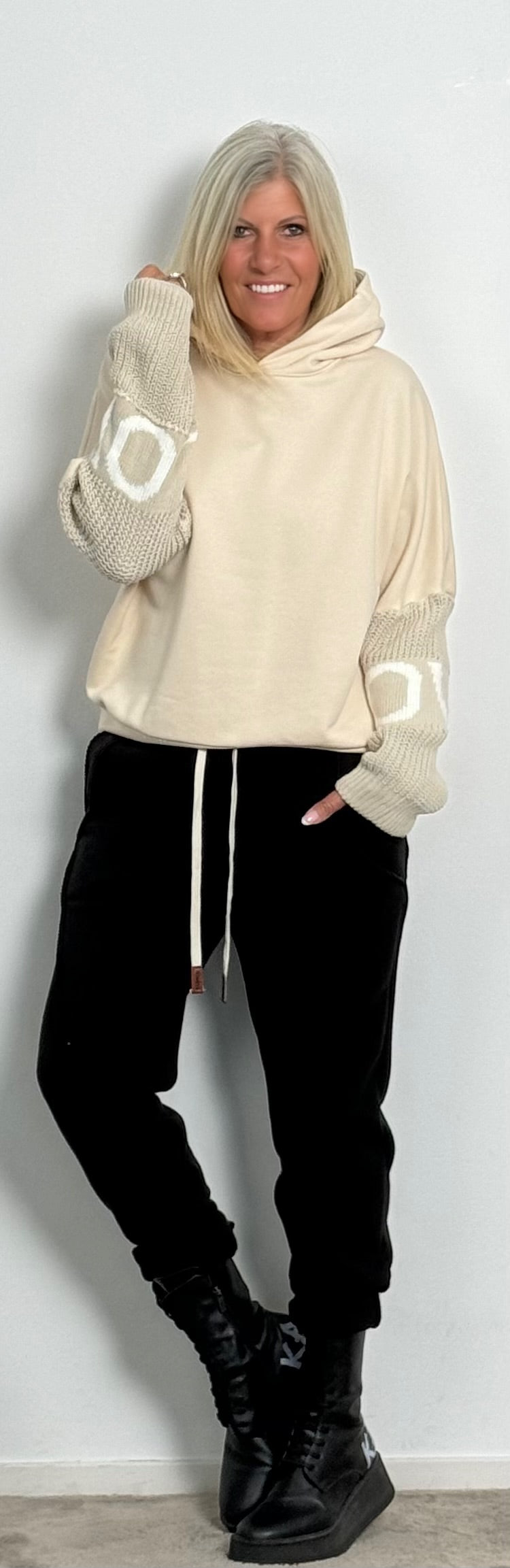 Hoodie with knitted sleeves "Love" - ​​beige