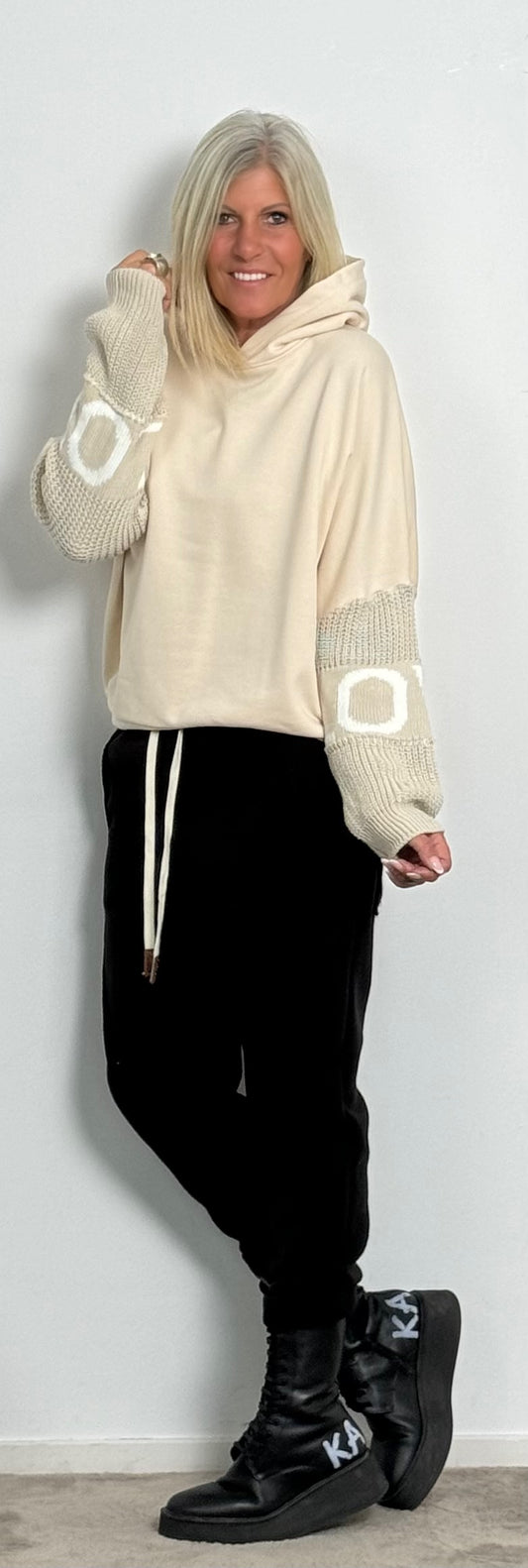 Hoodie with knitted sleeves "Love" - ​​beige