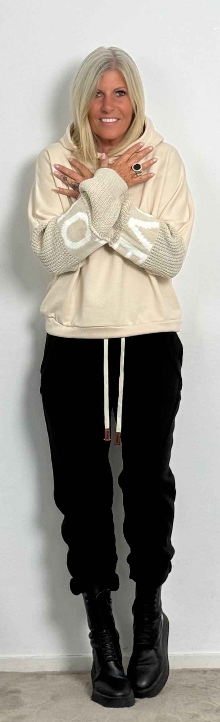 Hoodie with knitted sleeves "Love" - ​​beige