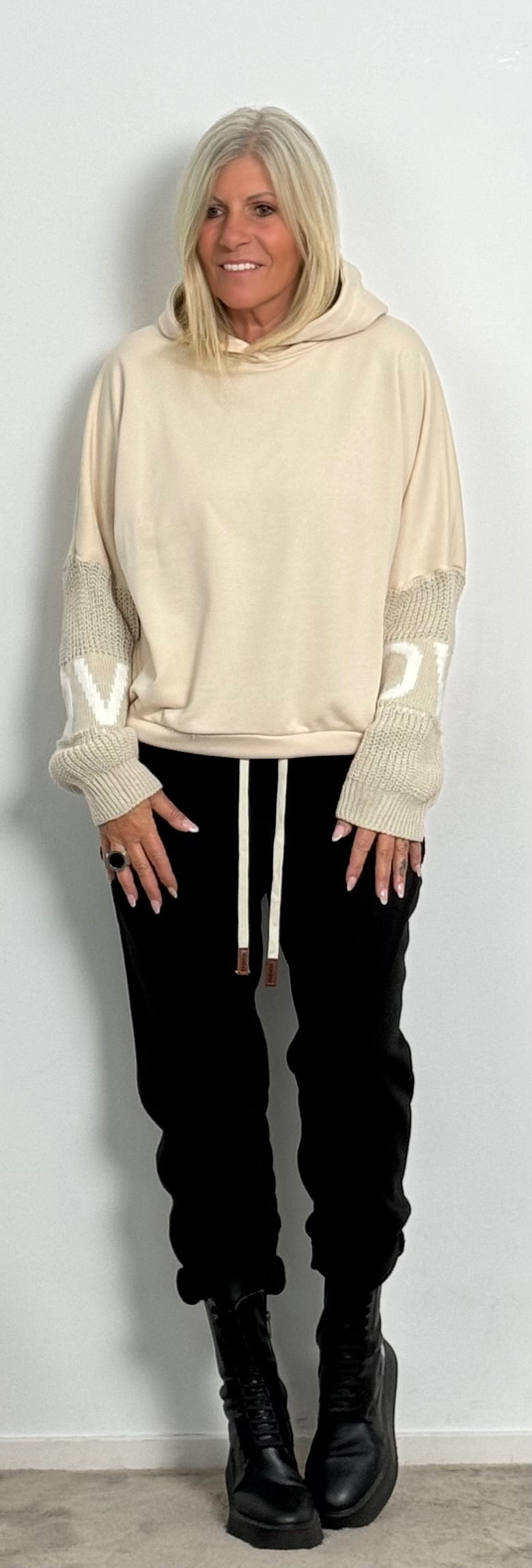 Hoodie with knitted sleeves "Love" - ​​beige