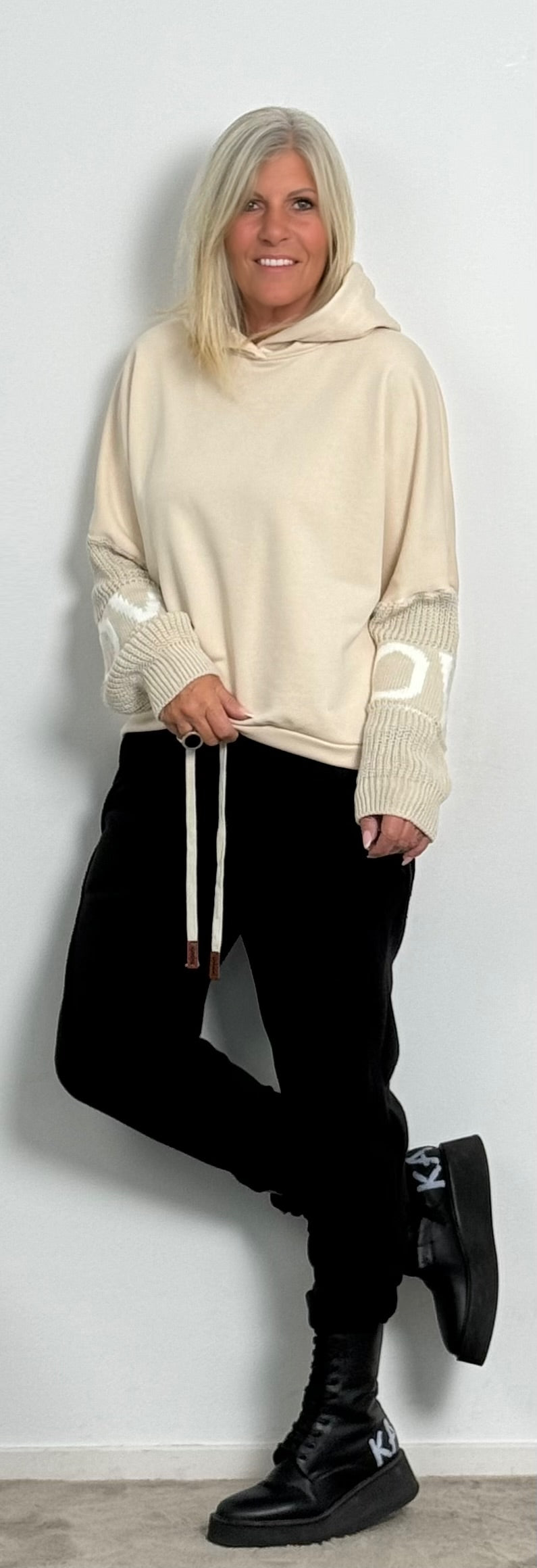 Hoodie with knitted sleeves "Love" - ​​beige