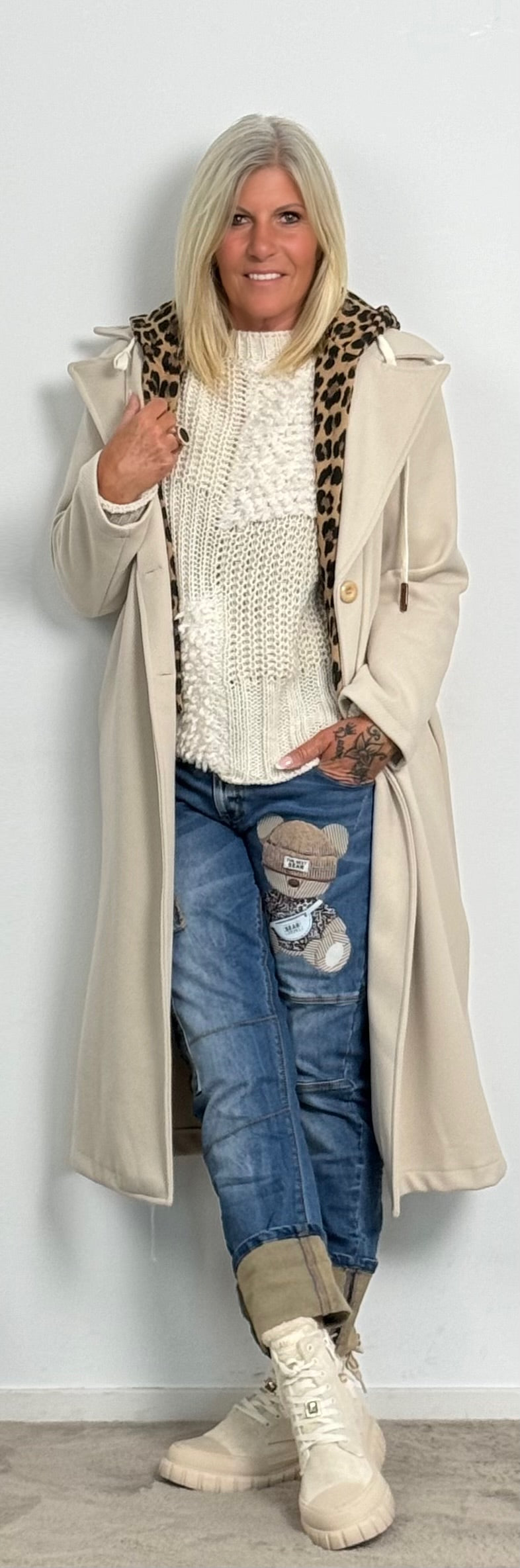 Mantel mit Leo Sweatshirt Einsatz "Lulu" - beige