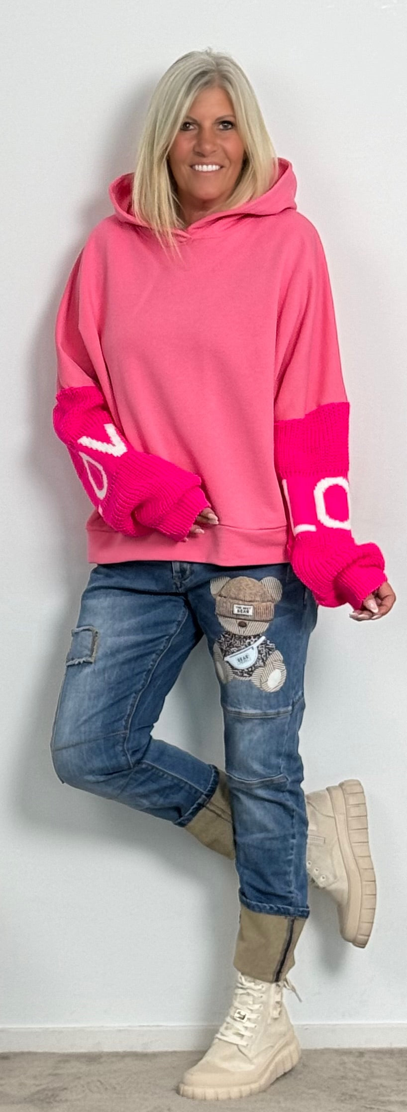 Hoodie with knitted sleeves "Love" - ​​pink