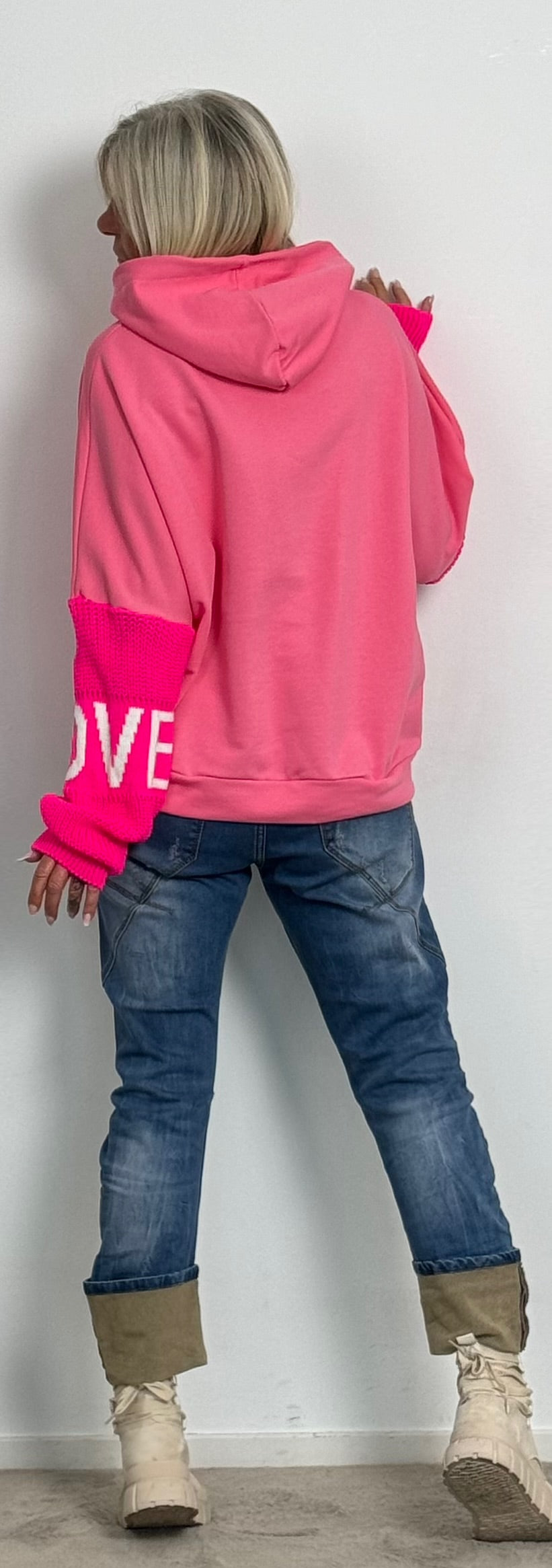 Hoodie with knitted sleeves "Love" - ​​pink