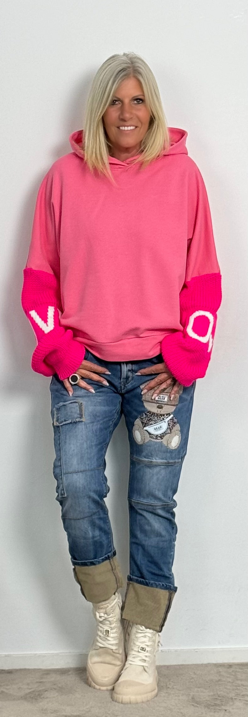 Hoodie with knitted sleeves "Love" - ​​pink