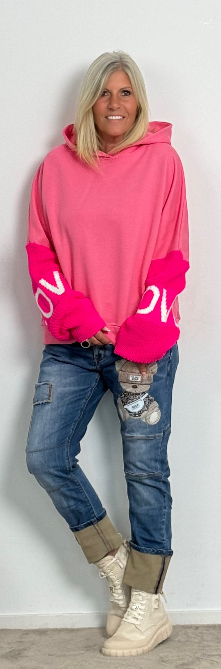 Hoodie with knitted sleeves "Love" - ​​pink