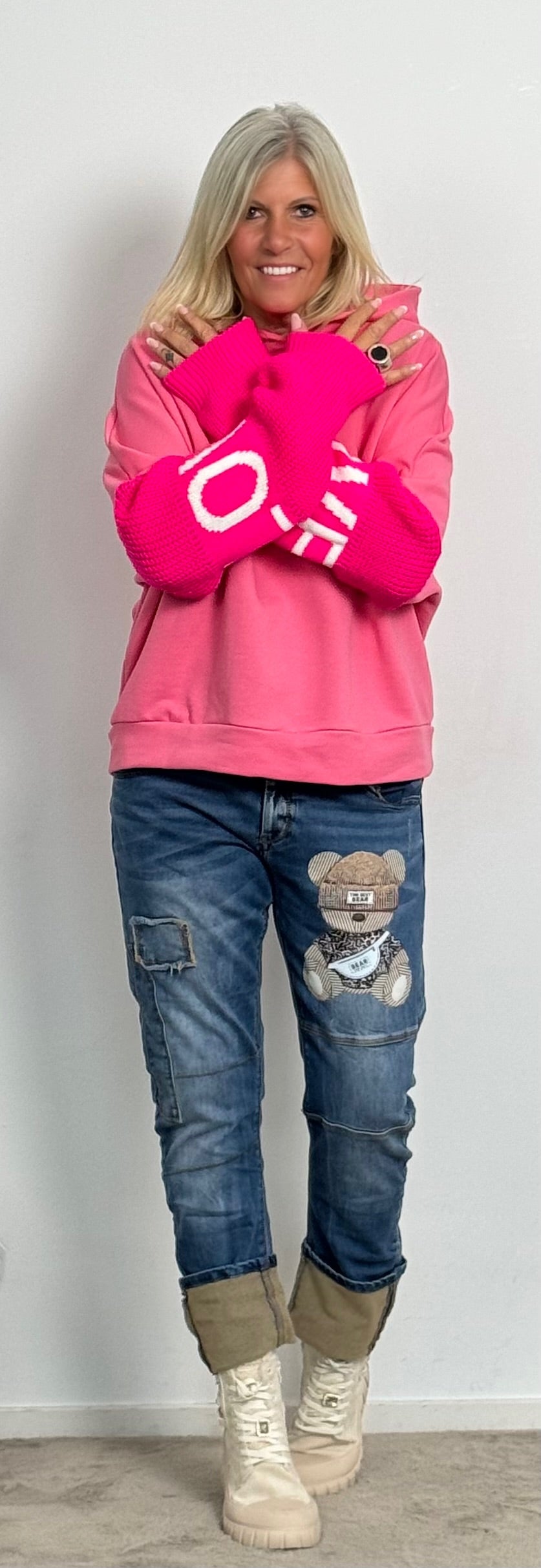 Hoodie met gebreide mouwen "Love" - ​​roze/roze