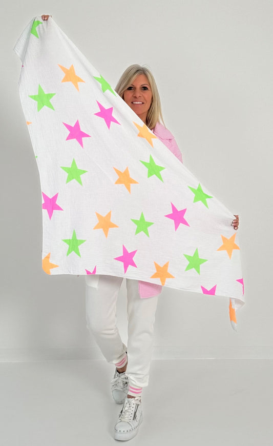 XL Musselin Dreiecktuch Modell "Star" - weiss-mehrfarbig