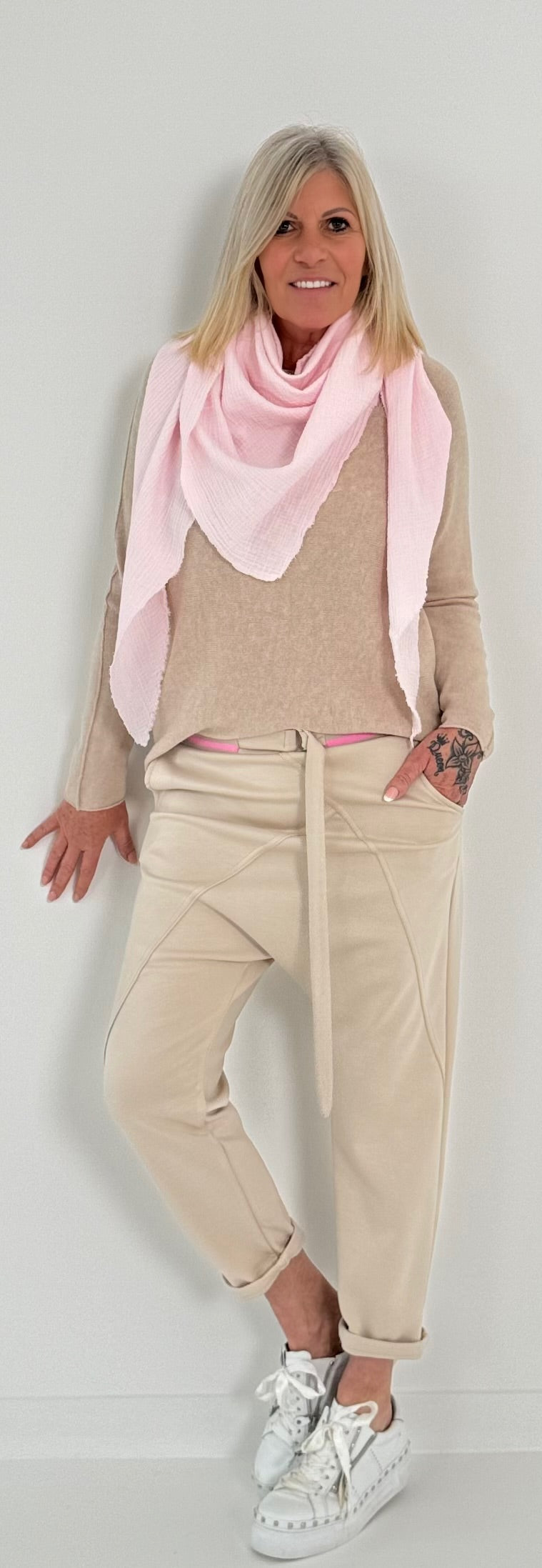 Baggy pants with two-tone waistband model "Spring Time" - beige