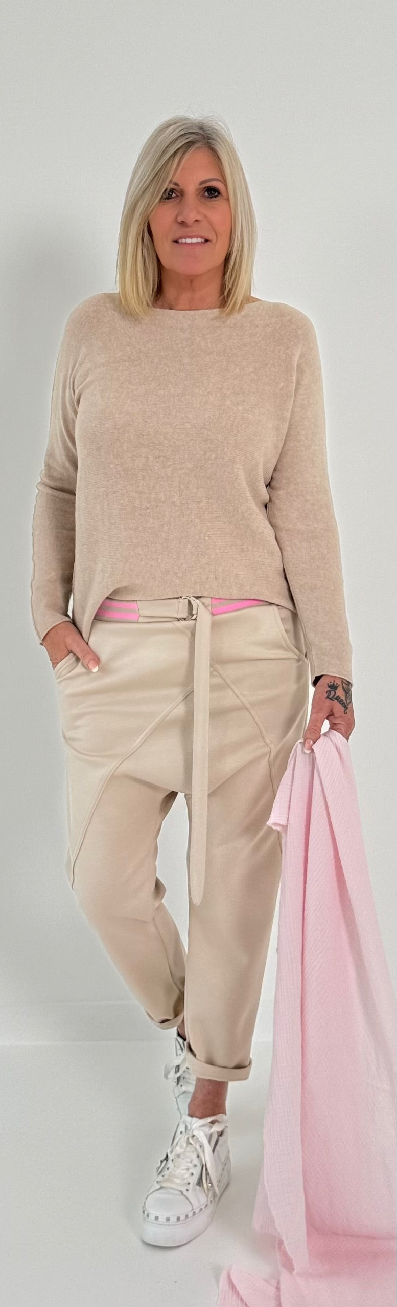 Baggy pants with two-tone waistband model "Spring Time" - beige