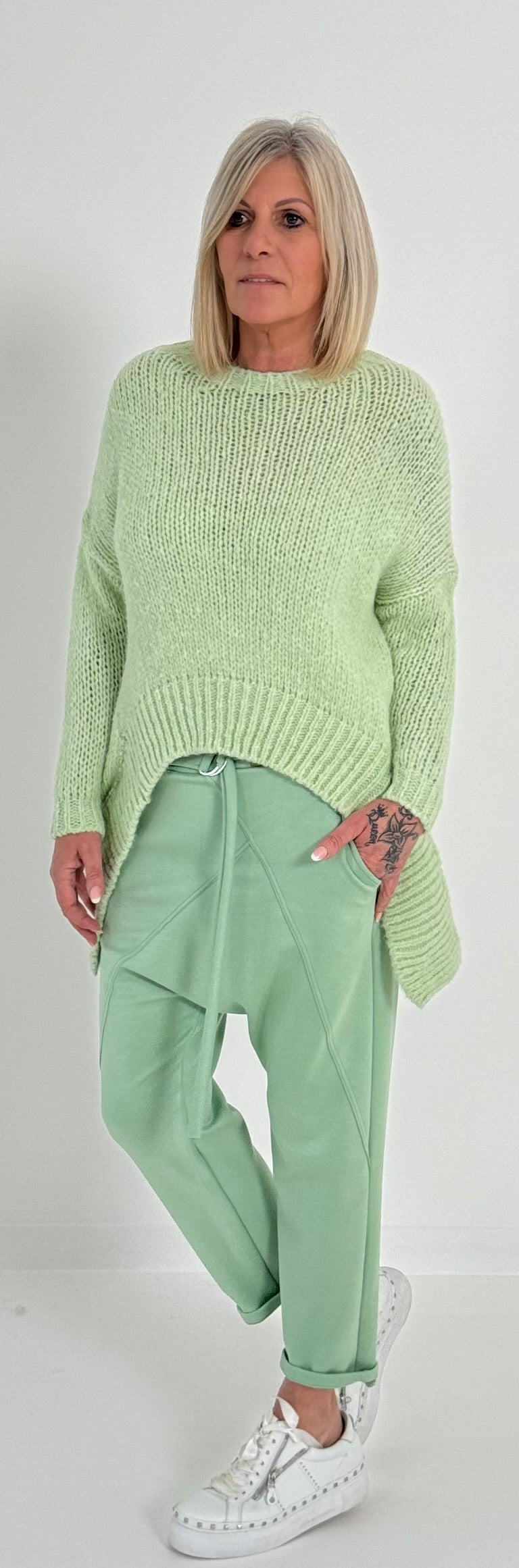 Sweater with sophisticated cut model "You" - lime green