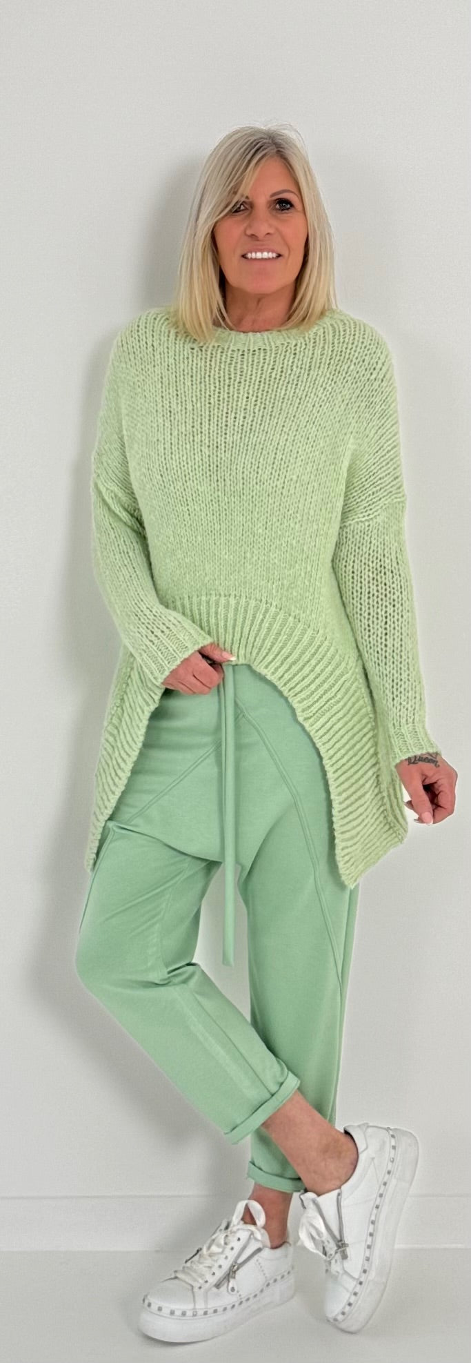 Sweater with sophisticated cut model "You" - lime green