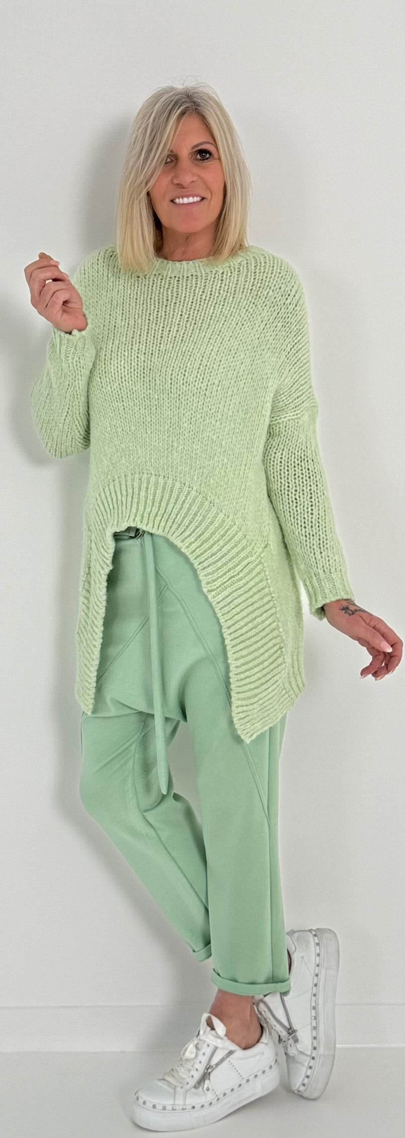 Sweater with sophisticated cut model "You" - lime green