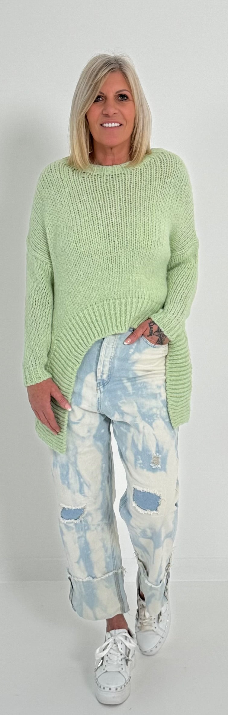 Sweater with sophisticated cut model "You" - lime green