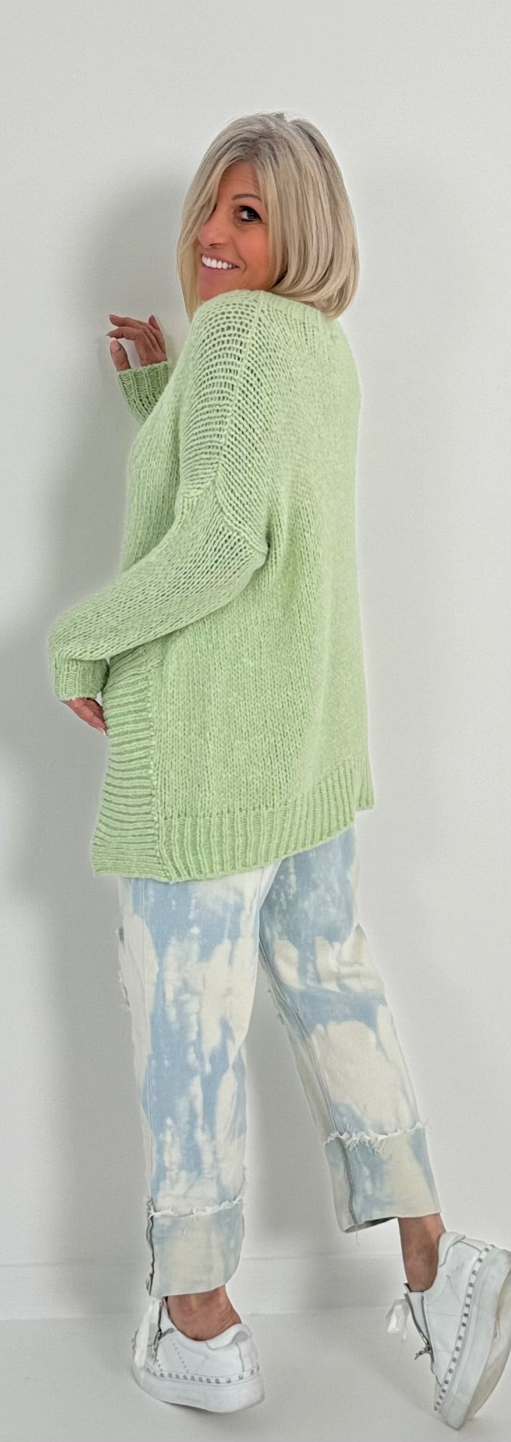 Sweater with sophisticated cut model "You" - lime green