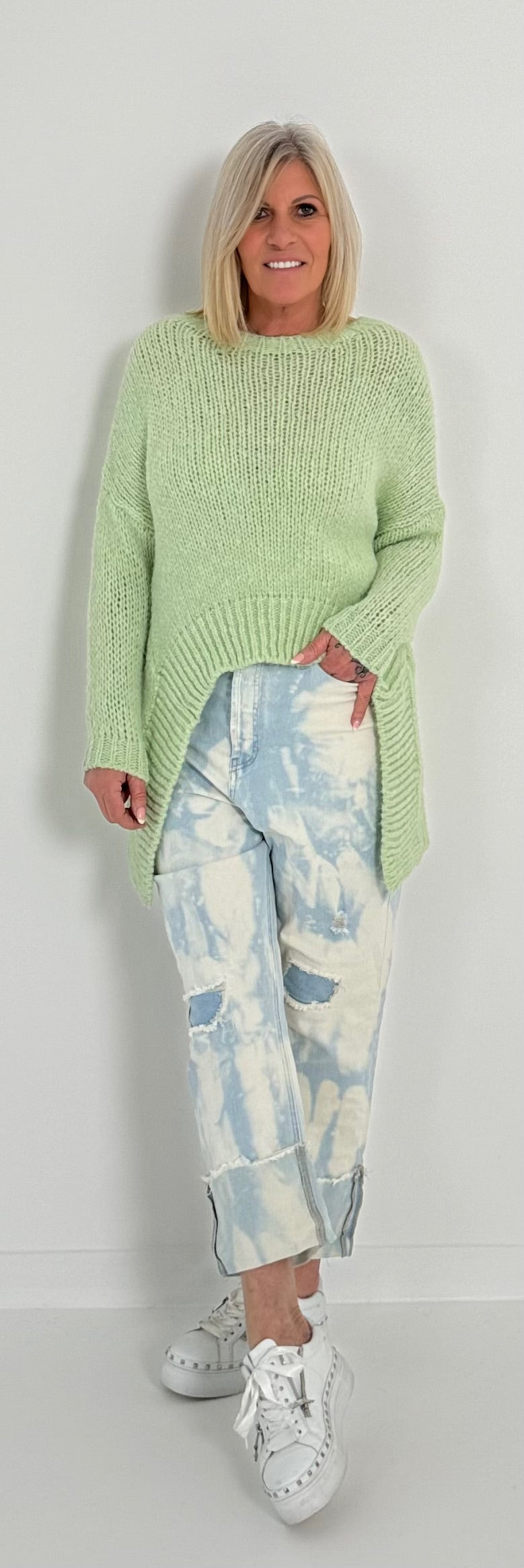 Sweater with sophisticated cut model "You" - lime green