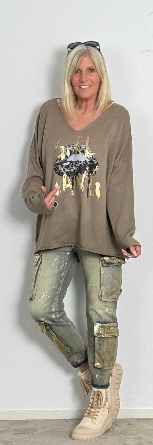 Oversized Pullover "Girl Gang" - taupe