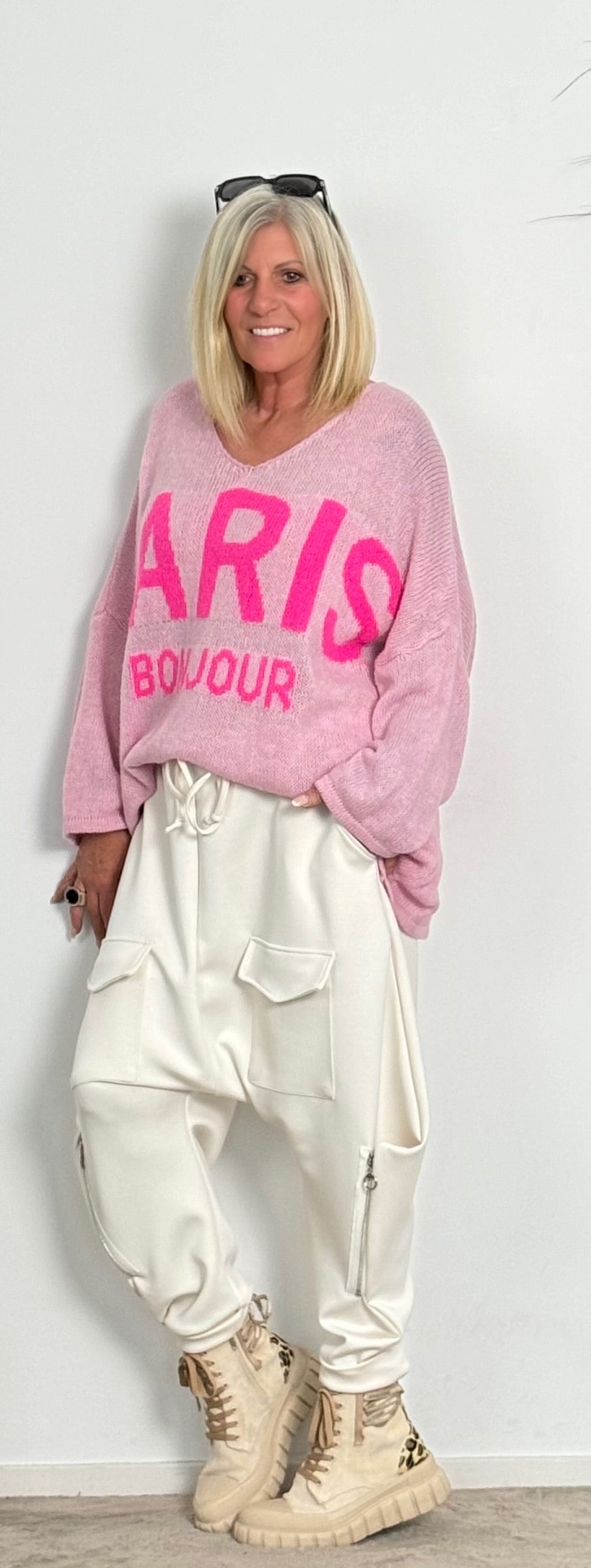 Oversized Strickpullover "Bonjour Paris" - rosa-pink