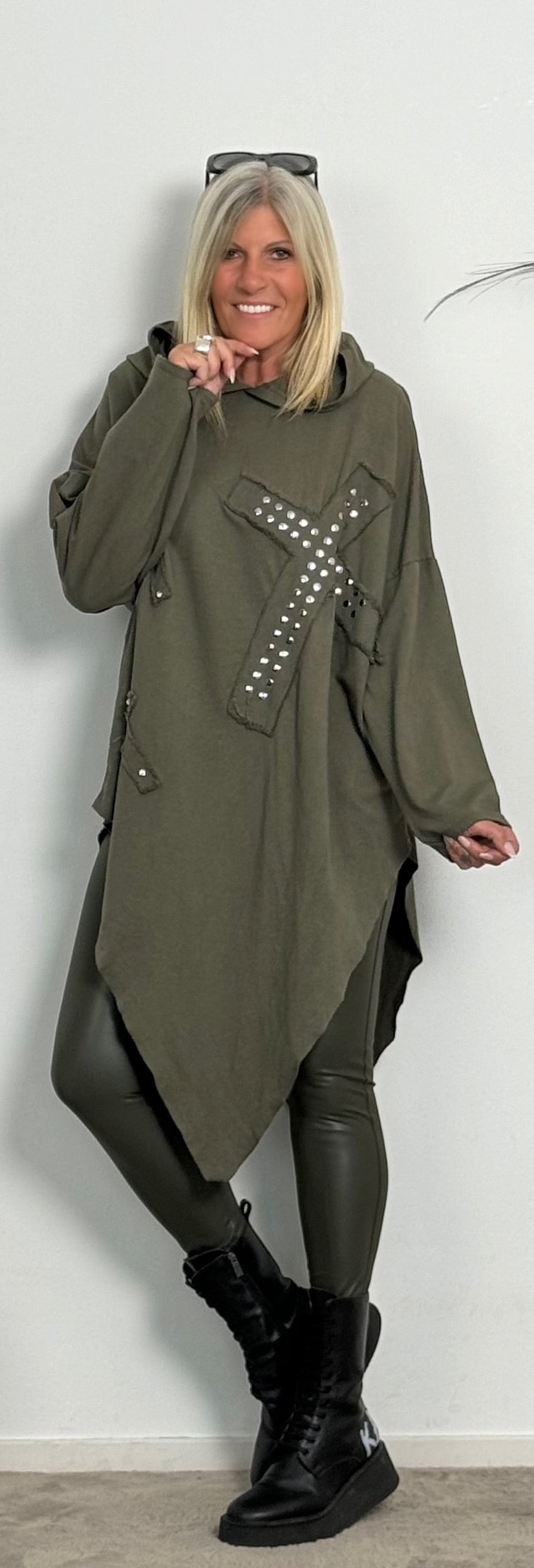 Asymmetric hoodie "Cross" - khaki