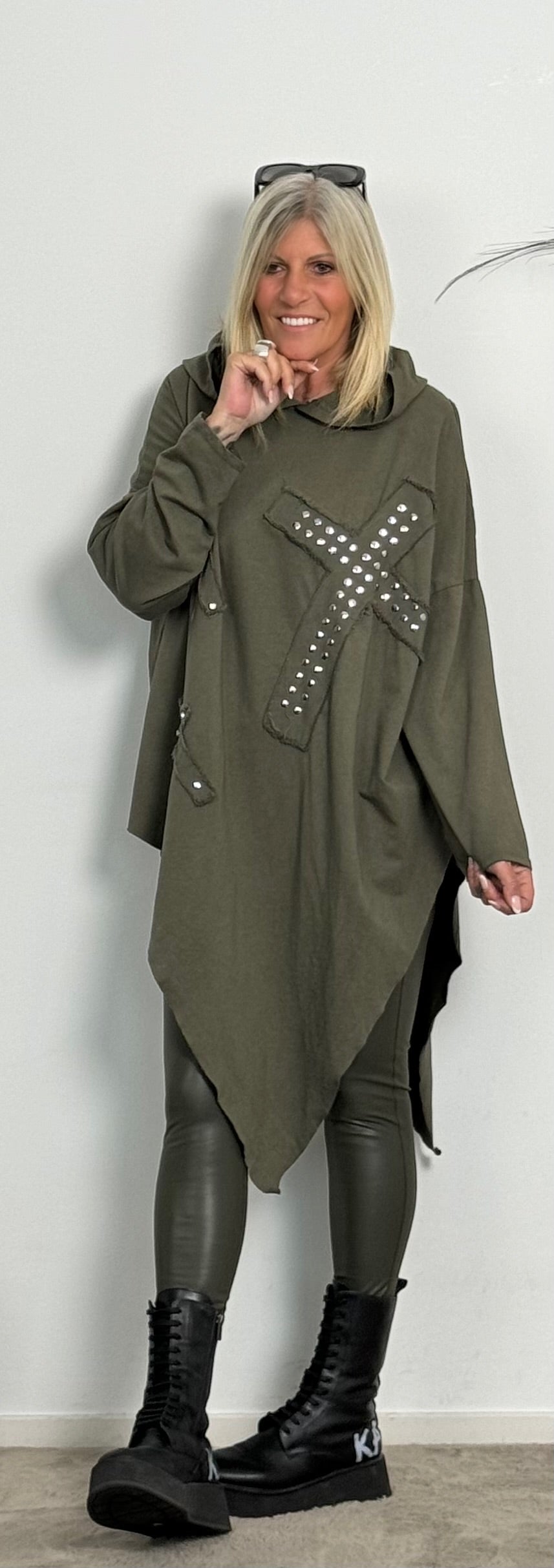 Asymmetric hoodie "Cross" - khaki