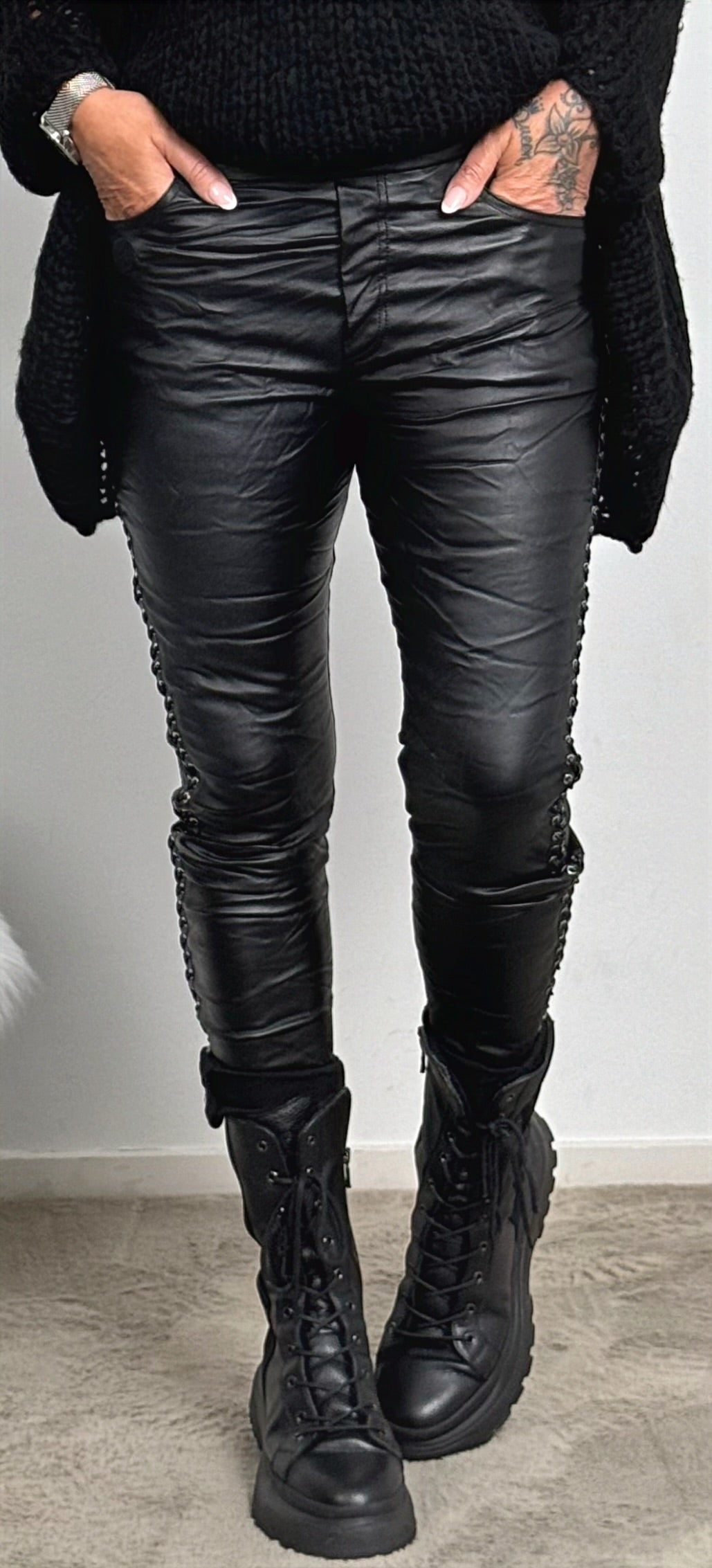 Imitation leather trousers with side rivets and lacing "Pocahontas" - black