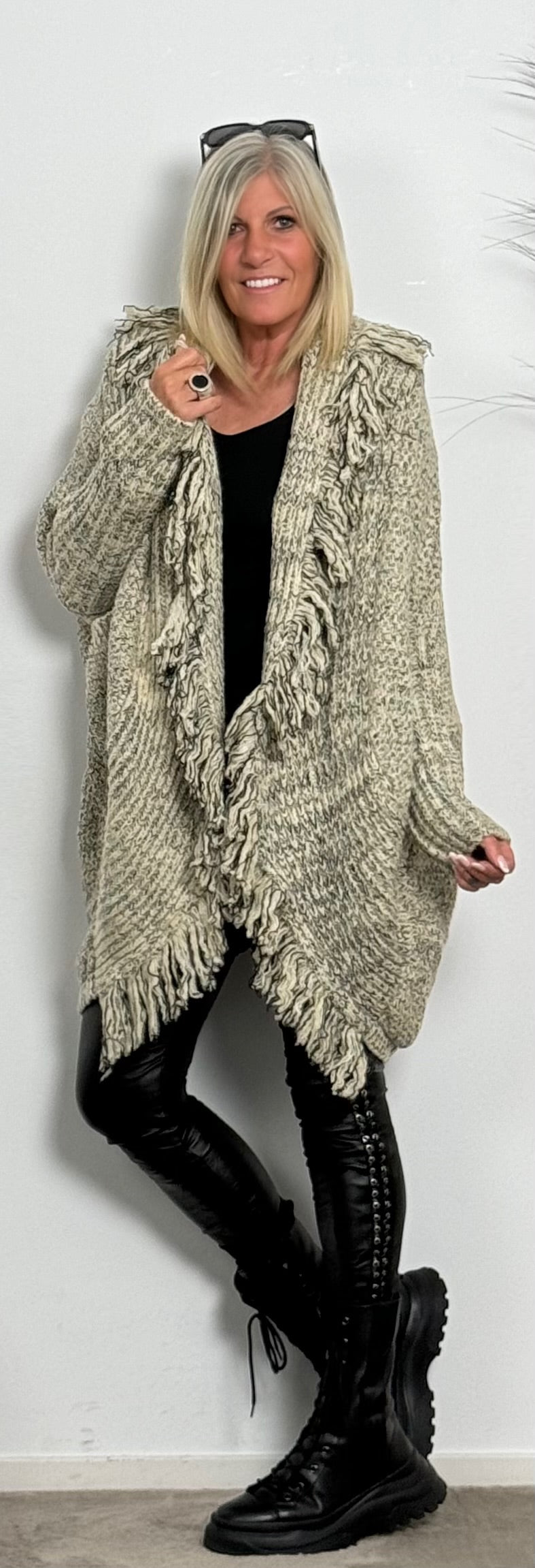 Cardigan with fringes "Over" - beige-mottled