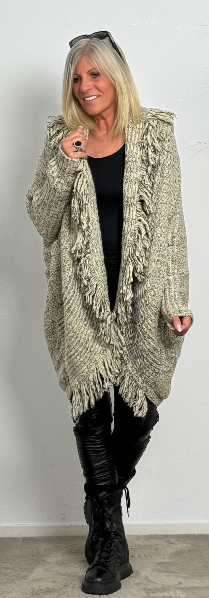 Cardigan with fringes "Over" - beige-mottled