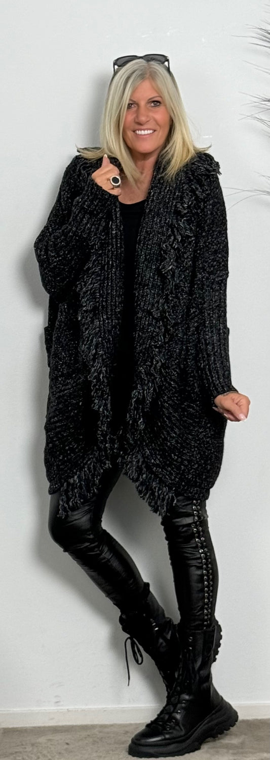 Strickjacke mit Fransen "Over" - schwarz-meliert