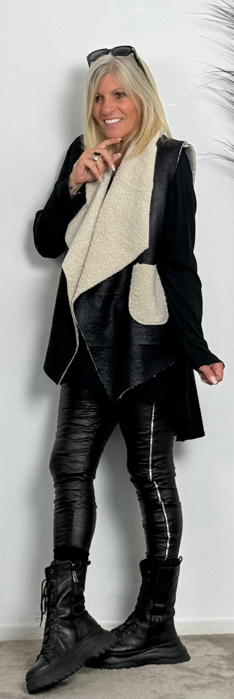 Imitation leather vest with teddy fur "Jacy" - black