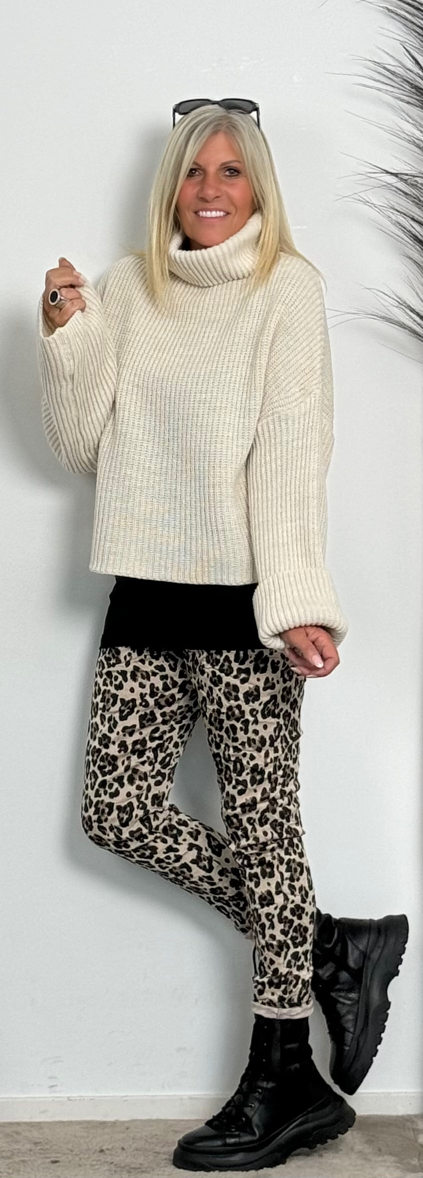 Boxy chunky knit sweater with turtleneck "Ivory" - beige