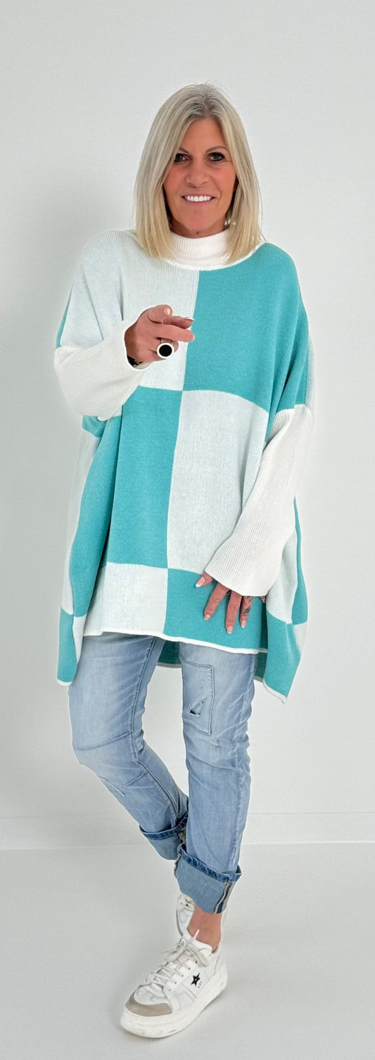 Oversized trui model "Color Block" - turkoois-wit