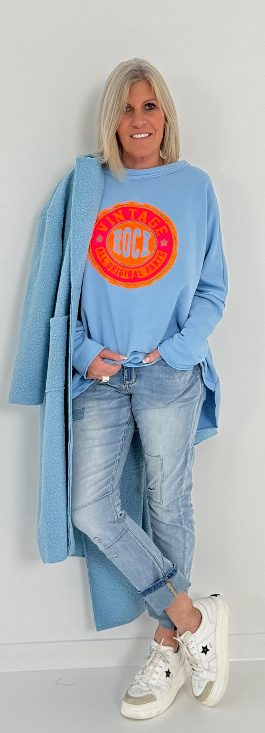 Sweatshirt mit Rückenausschnitt Modell "Rock Vintage" - hellblau